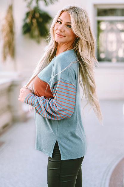 Gray Colorblock Striped Bishop Sleeve Top