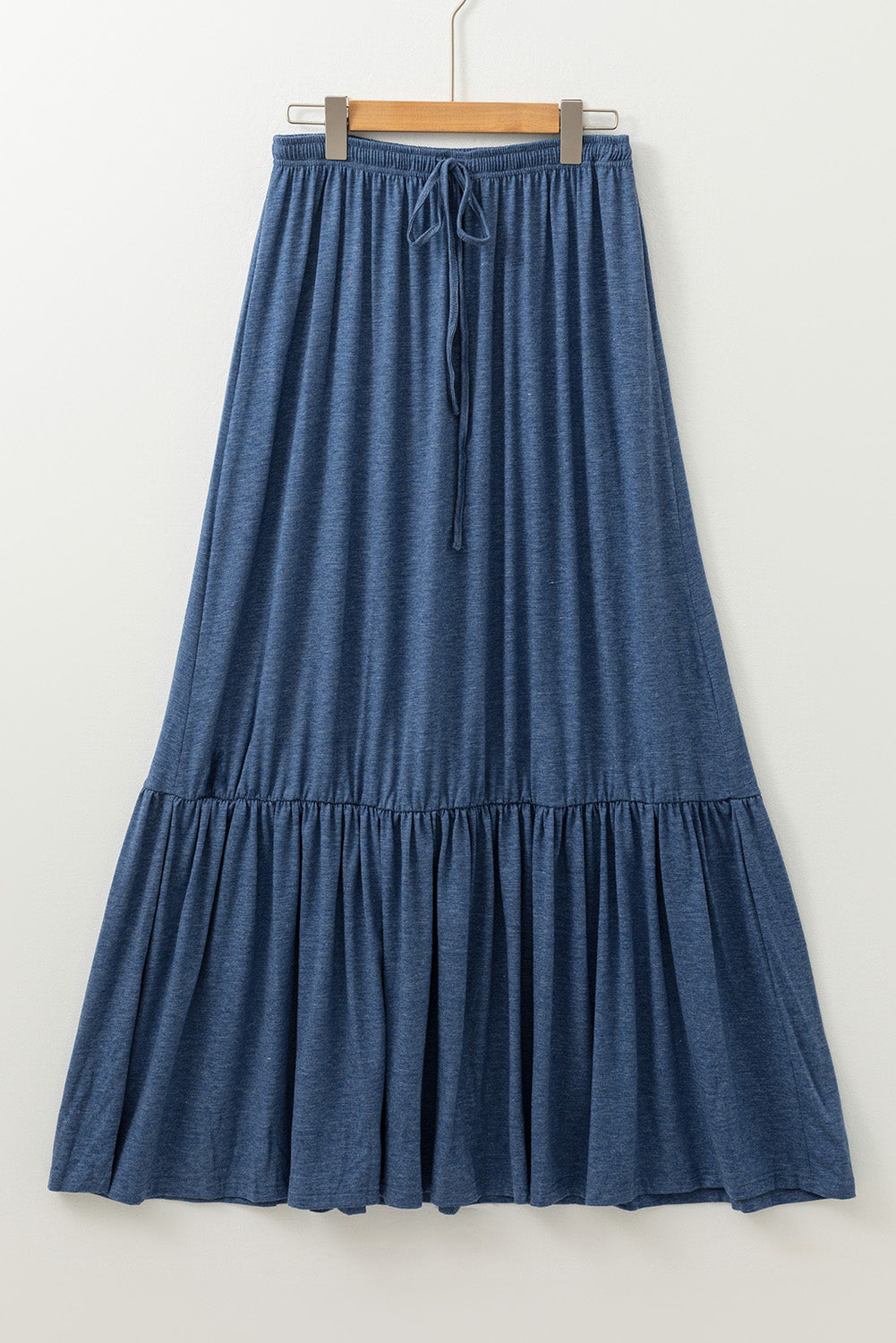 Sail Blue Solid Color Lace up High Waist Tiered Maxi Skirt