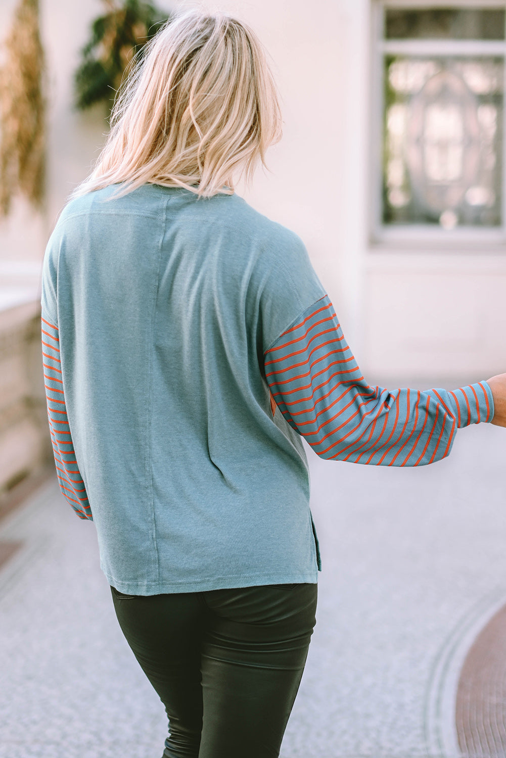 Gray Colorblock Striped Bishop Sleeve Top