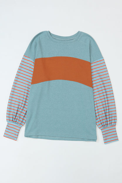 Gray Colorblock Striped Bishop Sleeve Top