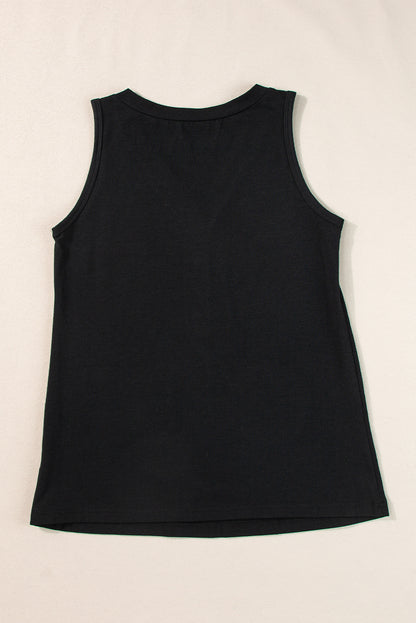 Black Half Button V Neck Patched Pocket Tank Top