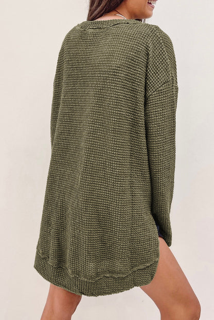 Khaki Waffle Knit High Slits Oversized Top