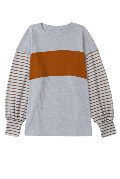 Gray Colorblock Striped Bishop Sleeve Top