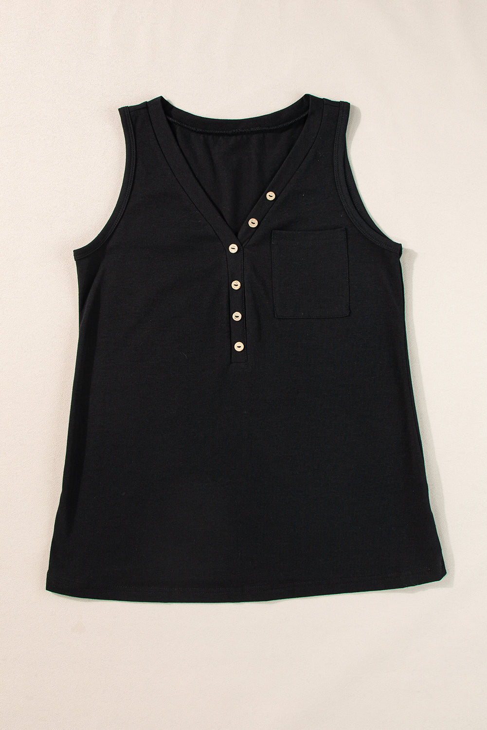 Black Half Button V Neck Patched Pocket Tank Top