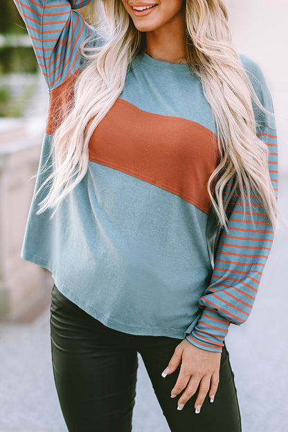 Gray Colorblock Striped Bishop Sleeve Top