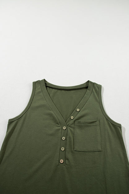 Black Half Button V Neck Patched Pocket Tank Top