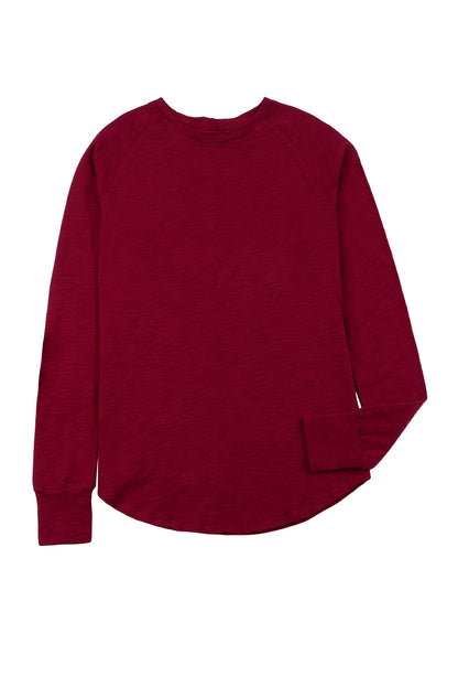 Fiery Red Solid Crew Neck Long Sleeve Top