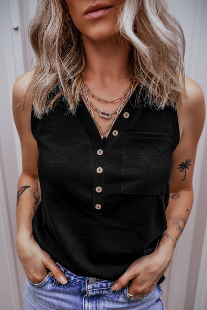 Black Half Button V Neck Patched Pocket Tank Top