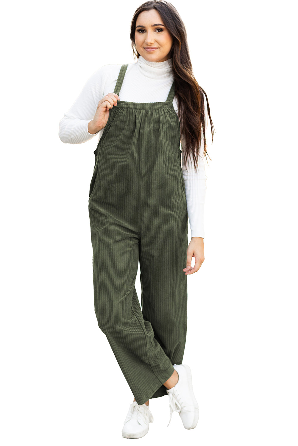 Jungle Green Solid Pocketed Loose Fit Corduroy Overall