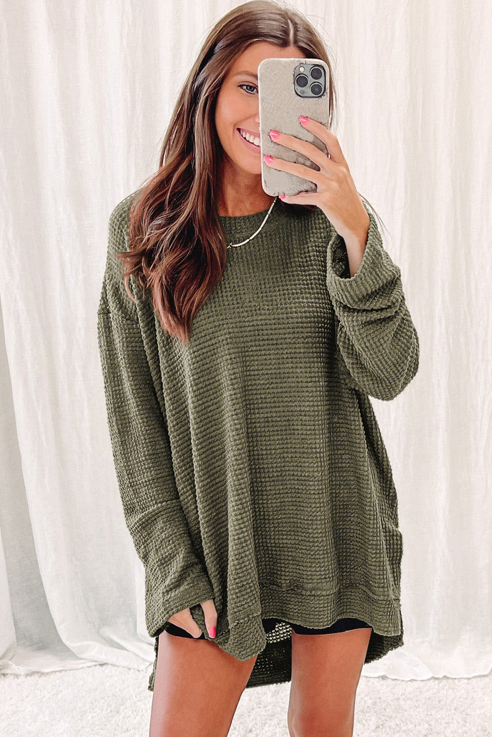 Khaki Waffle Knit High Slits Oversized Top