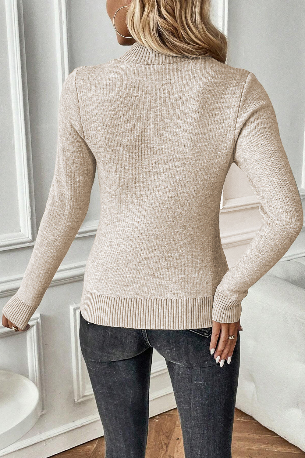 Apricot Thermal Lined Ribbed Knit Mock Neck Sweater