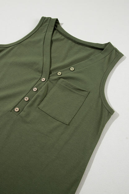 Black Half Button V Neck Patched Pocket Tank Top