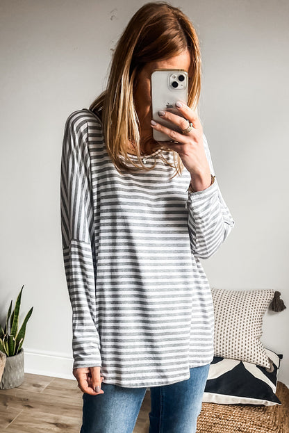 Gray Stripe Drop Sleeve Round Neck Oversized Long Sleeve Top